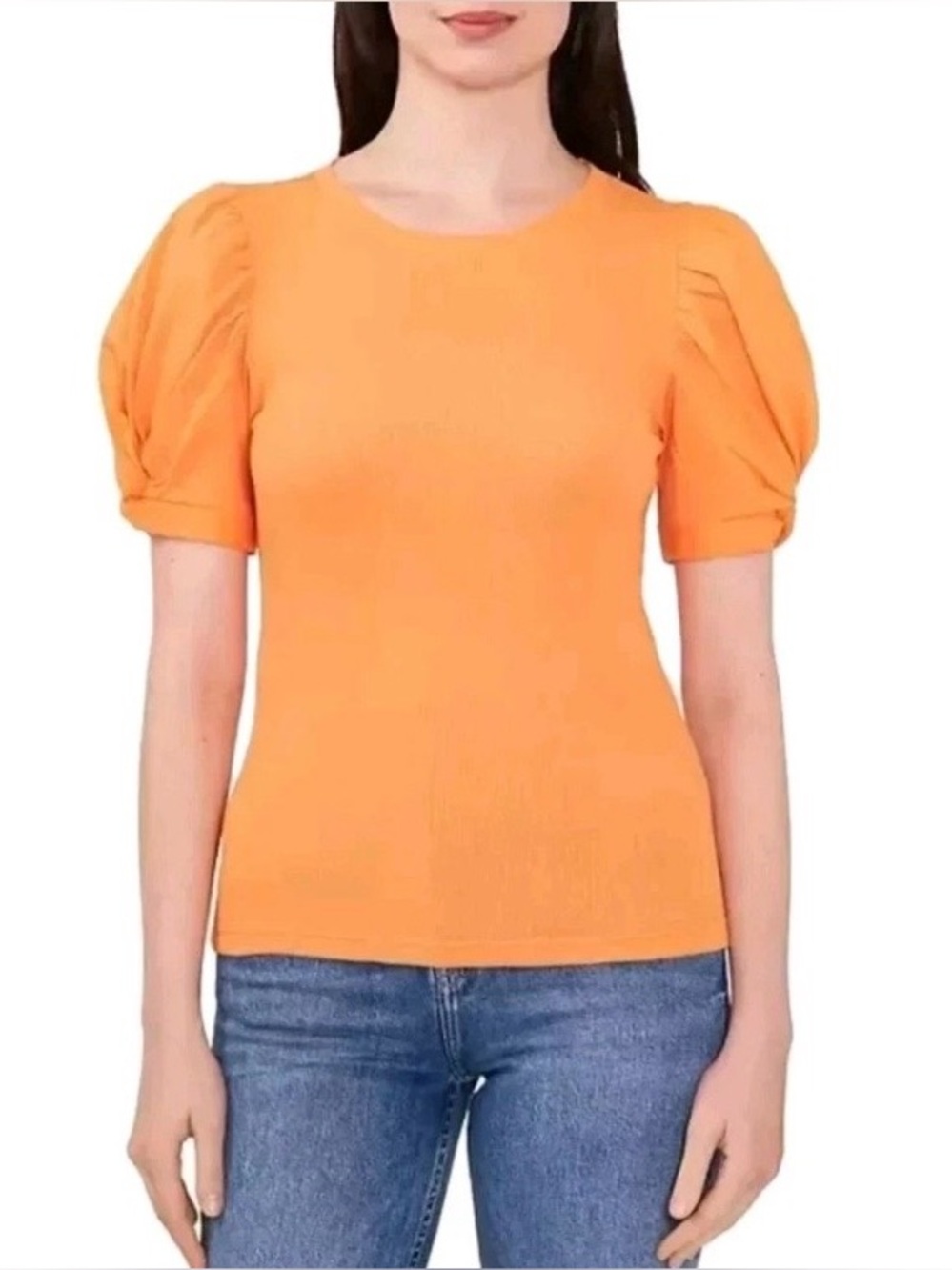 Vince Camuto Ribbed Top in Orange with Puff Sleeves and Crew neck